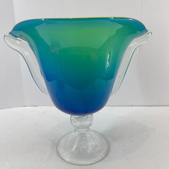 Hand Blown Art Glass Pedestal Vase Blue Green Ombre Cased Glass Pontil 10" - Picture 2 of 10